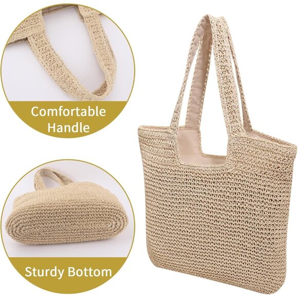 Women Beige Weaving Casual Retro With Zipper Closure Soft Large Shoulder Handbag - Picture 3 of 7